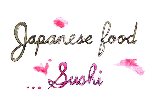 Handwritten words japanese food and sushi