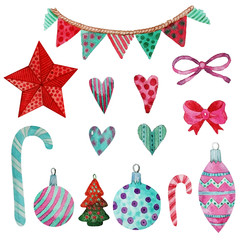 set of watercolor Christmas decorations Christmas balls, bows, hearts, lollipops, flags
