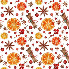 Seamless pattern CHRISTMAS NEW YEAR orange cinnamon anise cranberries  wrapping PACKAGING  paper ON wight BACKGROUND
