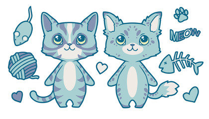 Cute blue cartoon vector set collection with tabby standing cats and toy mouse, ball of wool, heart, fishbone and paw print