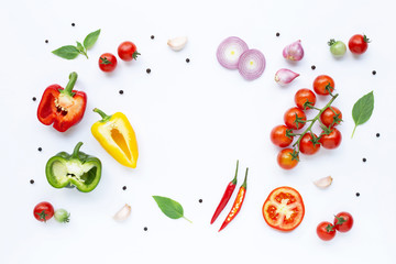 Various fresh vegetables and herbs on white background. Healthy eating concept