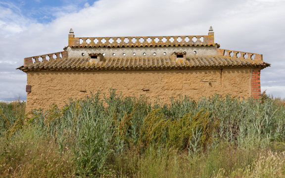 Antiguo palomar de adobe rodeado de cardos 