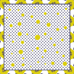 Scandinavian style: Cute scarf pattern in trendy colors on white navy into a cage background with polka dots.Frame from yellow flowers.For fabric,covers, surface,decoupage,home textile design.Vector