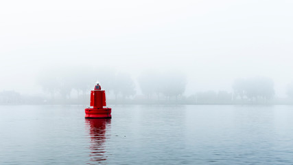 Red buoy in a river in the mist - obrazy, fototapety, plakaty