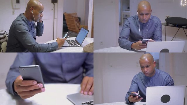 Collage of medium and close up shots of young Afro-american handsome bald man in blue shirt sitting at home, listening to music on phone with earphones, texting on phone. Work, communication concept
