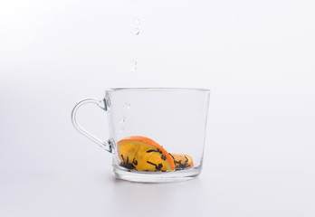 Water pouring into glass cup with black tea and lemon Isolated on white background