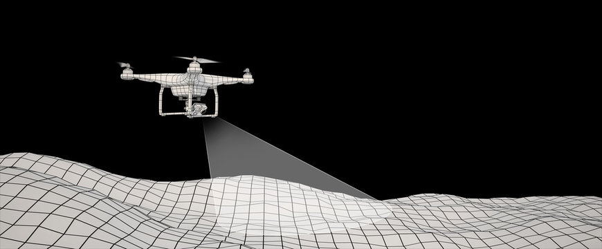 White drone over terrain mesh. Geo-scanning. Wire-frame style. Isolated in black background. 3D illustration.