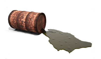 Oil spills from a rusty barrel and forms the shape of the country of Saudi Arabia. 3d illustration on the theme of oil and pollution. Isolated on white background.