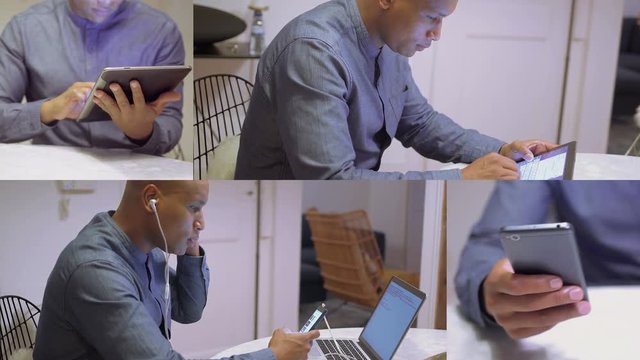 Collage of medium and close up shots of young Afro-american handsome bald man in blue shirt sitting at home, working on laptop, texting and choosing music on phone. Work, communication concept