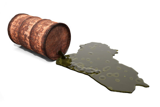 Oil spills from a rusty barrel and forms the shape of the country of Iraq. 3d illustration on the theme of oil and pollution. Isolated on white background.