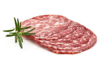 Sliced Dried sausage or salami, close-up, isolated on white background