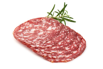 Sliced Smoked sausage or salami, close-up, isolated on white background