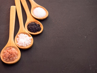 Wooden spoons with himalayan salt, black hawaii salt, common salt and salt flakes on a slate plate