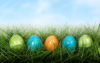 Row of Easter eggs in Fresh Green Grass