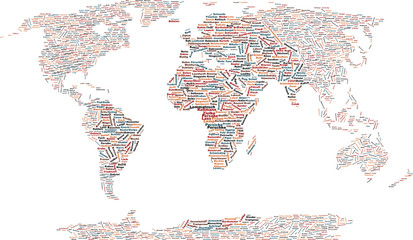 Weltkarte - Namen - Wortwolke - Wortansammlung - Bunt