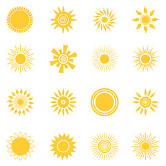 Sun icon set. Collection of suns isolated on white background. Flat style vector illustration.