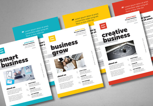 Business Flyer Layout with Blue, Red, or Yellow Accents