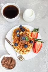 Plate with belgian waffles with chocolate sauce, berries and mint on a light gray background. Breakfast or lunch. Copy space.