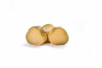 Pickled cucumber cut into slices isolated on a white background. Salting concept.