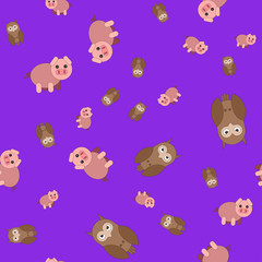 Seamless pattern made of owls and pigs.