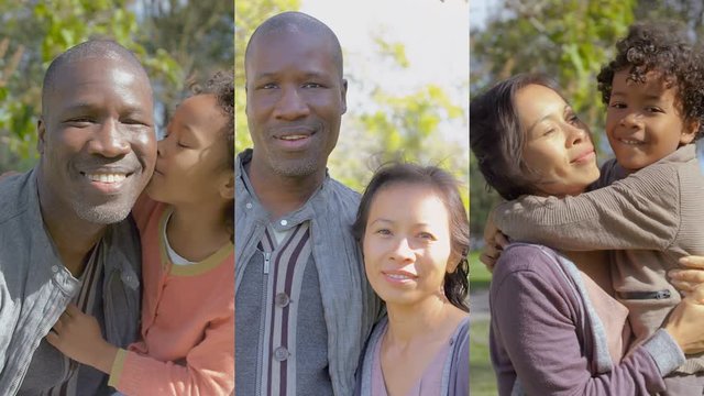 Collage of medium shots of Afro-american children with parents in park, boy kissing Asian mother, girl kissing Afro-american father, parents together looking at camera, smiling. Family concept