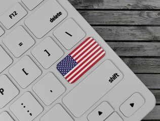 Usa  flag enter key on white keyboard, on wood background. 3d render