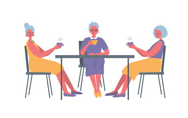 Three old ladies in the cafe. There are elderly women, sitting at the table and drinking coffee, in the picture. Vector flat illustration in yellow and purple colors.