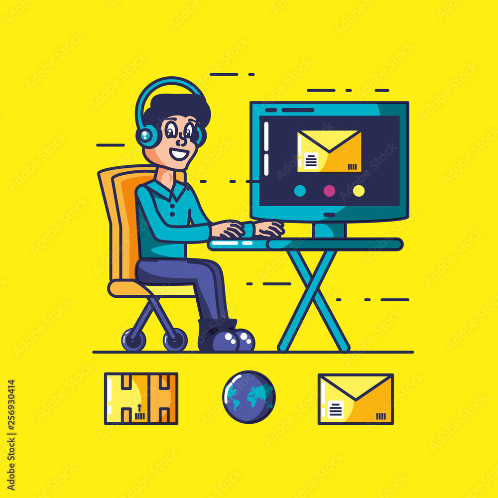 Poster delivery service worker with computer and icons