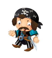 cartoon scene with pirate man captain with sword on his back on white background - illustration for children