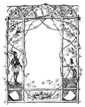 recommend clip art: Vintage antique line drawing or engraving of ornate frame with natural theme and with knight and woman. Prague Messenger 1846. Author not defined.