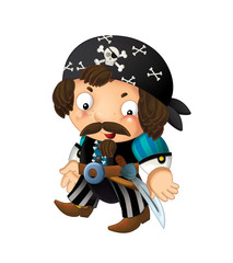 cartoon scene with pirate man captain with sword on his back on white background - illustration for children