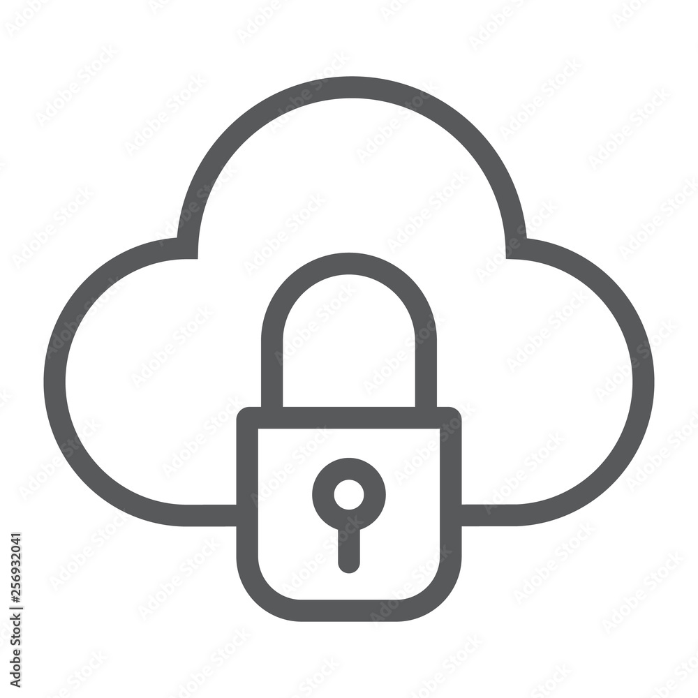 Poster cloud and lock line icon, data and protect, cloud security sign, vector graphics, a linear pattern o
