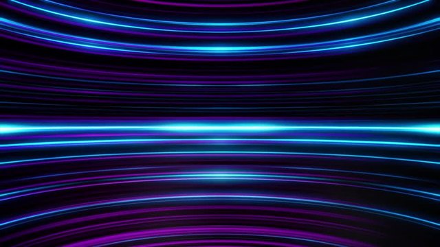 Animation of colorful shimmering and curved blue and purple lines on a black background. Abstract background.