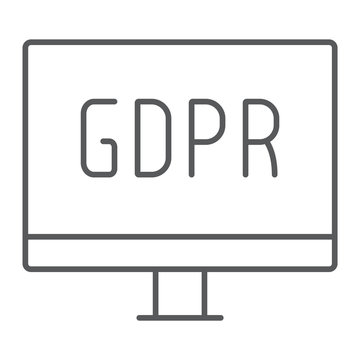 Gdpr monitor thin line icon, computer and screen, desktop sign, vector graphics, a linear pattern on a white background.