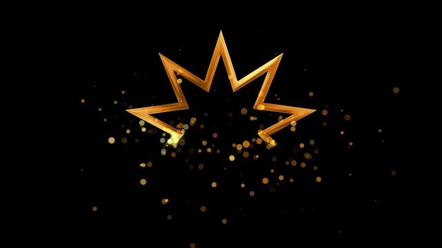Golden nine pointed star, bahaism religious symbol on transparent background.