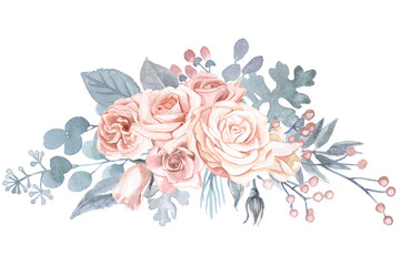 Watercolor Floral Bouquet Blush Pink Roses - obrazy, fototapety, plakaty