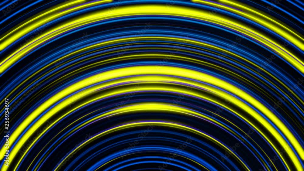 Poster abstract background with animation yellow and blue circles moving and shimmering in tunnel with neon