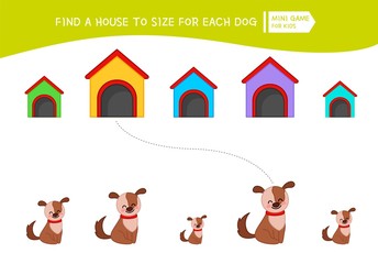 Matching children educational game. Match  of cartoon dogs and doghouse  to size . Activity for pre school years kids and toddlers.
