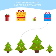 Matching children educational game. Match  of cartoon gifts and Christmas tree to size . Activity for pre school years kids and toddlers.
