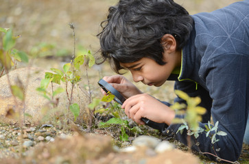 a boy in nature sitting on the ground looking at a magnifying glass plants