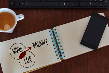 Top view of desk table with office accessories and notebook with graph. Business work, life balance...