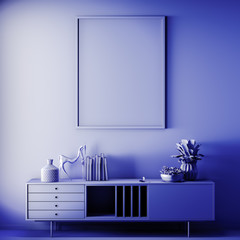 Mock up poster frame in Interior, Blue color, Clay render, 3D illustration