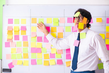 Young employee in conflicting priorities concept