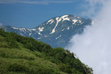 雨飾山　山頂への道　後立山連峰朝日岳遠景