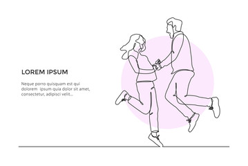 Fototapeta na wymiar Continuous line drawing of Couple Girl and boy jumping. man and woman holding hand each other. vector illustration - Vector