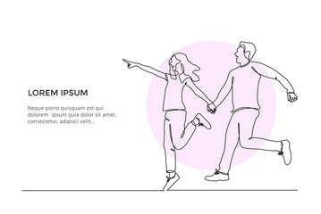 Continuous line drawing of Couple Girl and boy jumping. man and woman holding hand each other. vector illustration - Vector