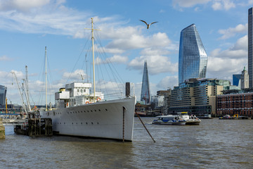 LONDON, UK - MARCH 11 : HMS Wellington moored on the River Thames in London on March 11, 2019