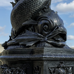 LONDON, UK - MARCH 11 : Close-up of a Vulliamy's dolphin lamp post on the Embankment in London on...