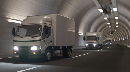 Trucks Moving in a Row Inside the Tunnel 3D Rendering
