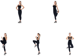 Young woman doing exercises isolated on white